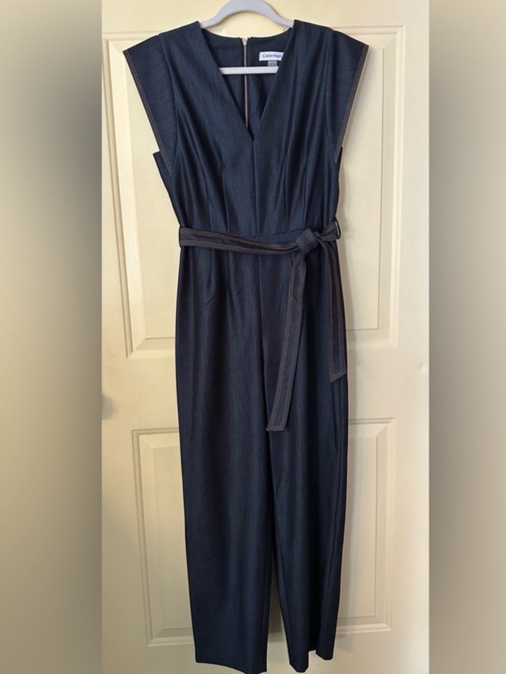 Calvin Klein Denim Cap Sleeve Belted Jumpsuit